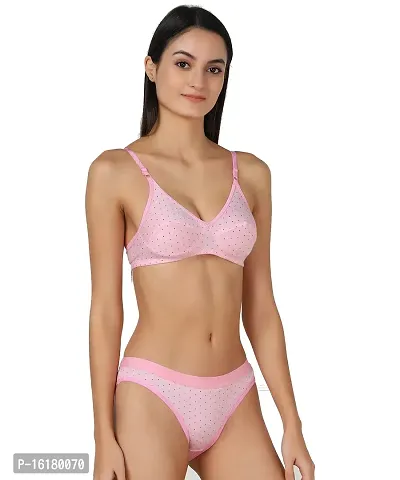 Stylish Pink Cotton Self Pattern Bra And Panty Set For Women-thumb2