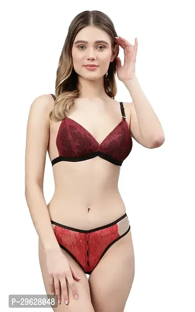 Women Net Bra Panty Set for Lingerie Set ( Pack of 1 ) ( Color : Maroon )-thumb0