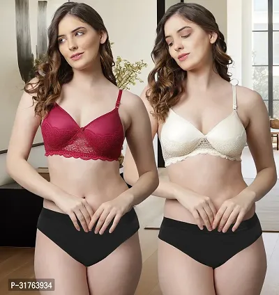 Stylish Women Maroon, Brown Cotton Bra Panty Set - Pack of 2