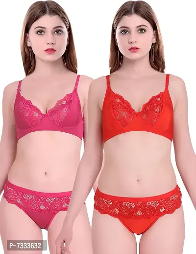 PIBU-Women's Cotton Bra Panty Set for Women Lingerie Set Sexy Honeymoon Undergarments (Color : Pink,Red)(Pack of 2)(Size :34) Model No : Cate SSet #CT