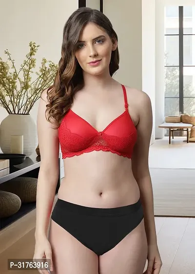 Stylish Women Red Cotton Bra Panty Set - Pack of 1