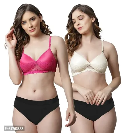 Stylish Women Pink, Brown Cotton Bra Panty Set - Pack of 2