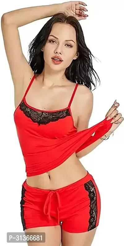 Women Red Designed Babydoll Sexy Lingerie Set Honeymoon Nighty Anniversary Night Dress-thumb0