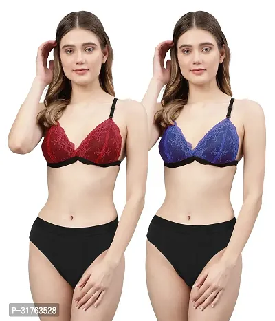 Stylish Women Red, Blue Net Bra Panty Set - Pack of 2