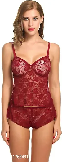 Stylish Maroon Net Self Design Baby Dolls For Women-thumb0