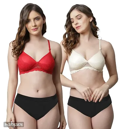 Stylish Women Red, Brown Cotton Bra Panty Set - Pack of 2