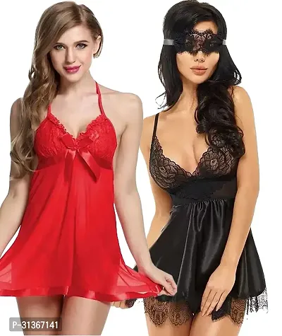 Women Red,Black Designed Babydoll Sexy Lingerie Set Honeymoon Nighty Anniversary Night Dress-thumb0