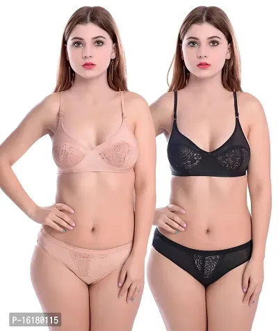 Stylish Net Self Pattern Bra And Panty Set For Women- Pack Of 2-thumb0