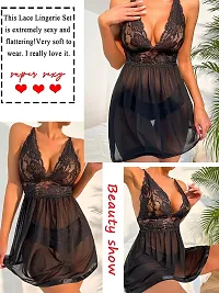 Women Black Designed Babydoll Sexy Lingerie Set Honeymoon Nighty Anniversary Night Dress-thumb2