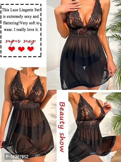 Women Black Designed Babydoll Sexy Lingerie Set Honeymoon Nighty Anniversary Night Dress-thumb3