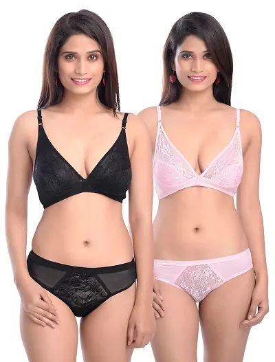 Elegant Self Pattern Bras And Panty Set For Women- Pack Of 2