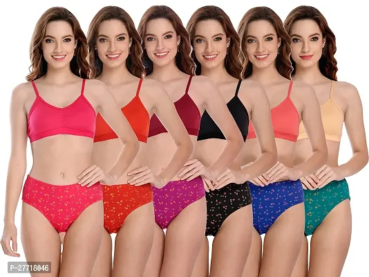 Women Cotton Bra Panty Set for Lingerie Set Pack of 6  Color : Pink,Red,Maroon,Black,Orange,Brown-thumb0