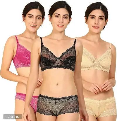 PIBU-Women's Net Bra Panty Set for Women Lingerie Set Sexy Honeymoon Undergarments ( Color : Pink,Black,Brown )( Pack of 3 )( Size :34) Model No : Net SSet-thumb0