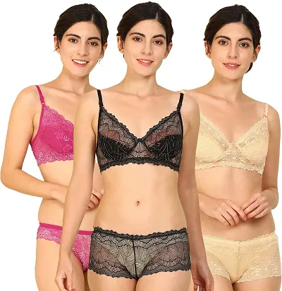 PIBU-Women's Net Bra Panty Set for Women Lingerie Set Sexy Honeymoon Undergarments (Color : Multi)(Pack of 3)