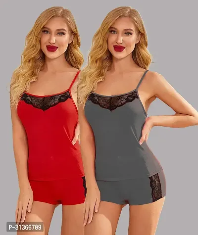 Women Red,Grey Designed Babydoll Sexy Lingerie Set Honeymoon Nighty Anniversary Night Dress-thumb0