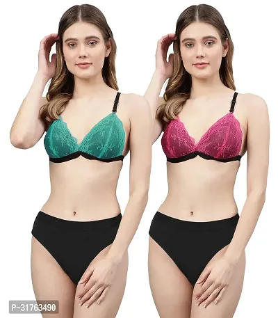 Stylish Women Green, Pink Net Bra Panty Set - Pack of 2