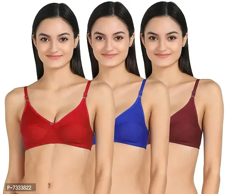 Women T-Shirt Cotton Non Padded Non-Wired Bra (Pack of 3) (Red,Blue,Maroon)