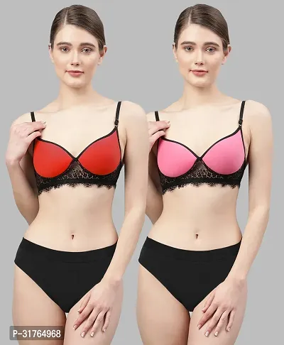 Stylish Women Red, Pink Cotton Bra Panty Set - Pack of 2-thumb0