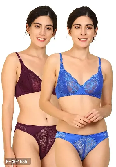 Fashion Comfortz Women Net Bra Panty Set for Lingerie Set ( Pack of 2 ) ( Color : Maroon,Blue ) ( Pattern : Floral Print ) ( Size : 34 ) ( SKU : Set Hira_Maroon,Blue )