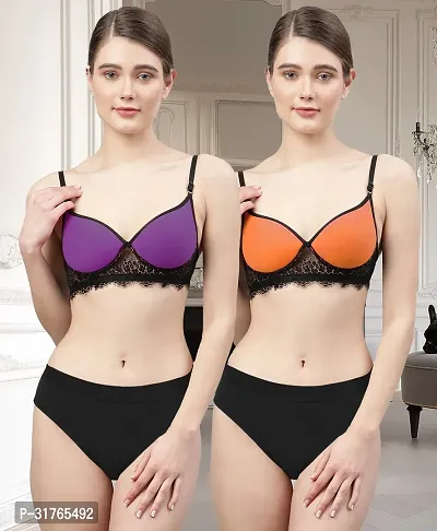 Stylish Women Purple, Orange Cotton Bra Panty Set - Pack of 2