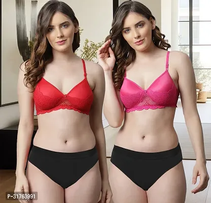 Stylish Women Red, Pink Cotton Bra Panty Set - Pack of 2