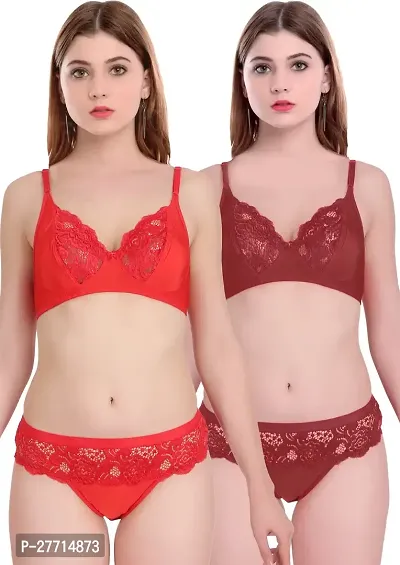 Women Net Bra Panty Set for Lingerie Set Pack of 2  Color : Red,Maroon  Pattern : Floral Print-thumb0