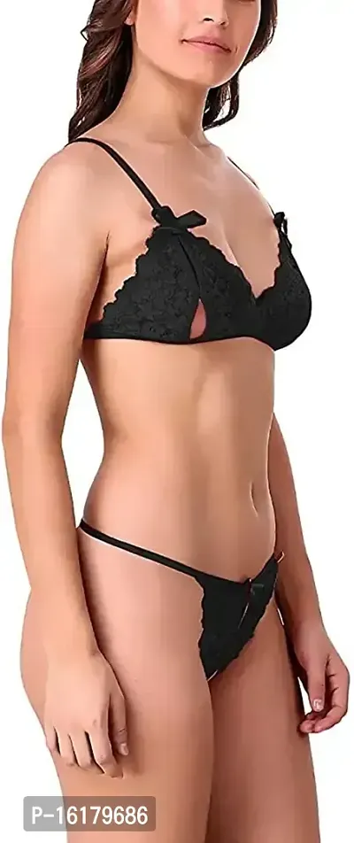 Stylish Black Cotton Self Pattern Bra And Panty Set For Women-thumb3