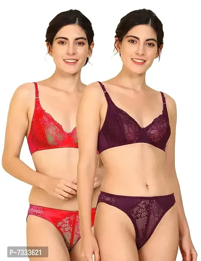 PIBU-Women's Cotton Bra Panty Set for Women Lingerie Set Sexy Honeymoon Undergarments ( Color : Red,Maroon )( Pack of 2 )( Size :36) Model No : Hira SSet