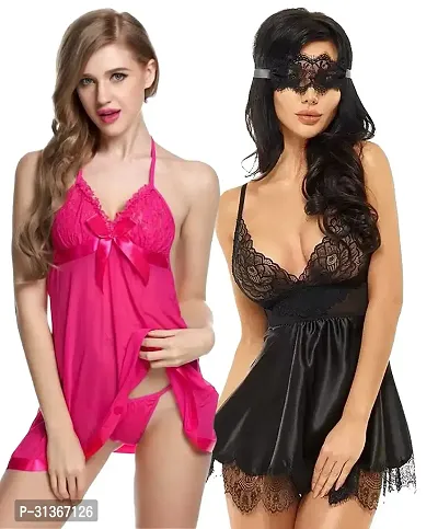 Women Pink,Black Designed Babydoll Sexy Lingerie Set Honeymoon Nighty Anniversary Night Dress