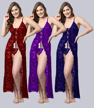 Pack Of 3 Stylish Net Baby Doll Sexy Long Night Dress For Women