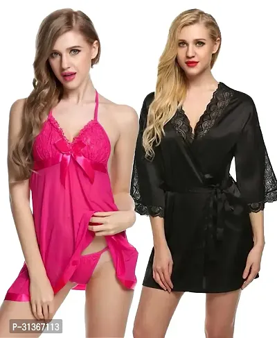 Women Pink,Black Designed Babydoll Sexy Lingerie Set Honeymoon Nighty Anniversary Night Dress