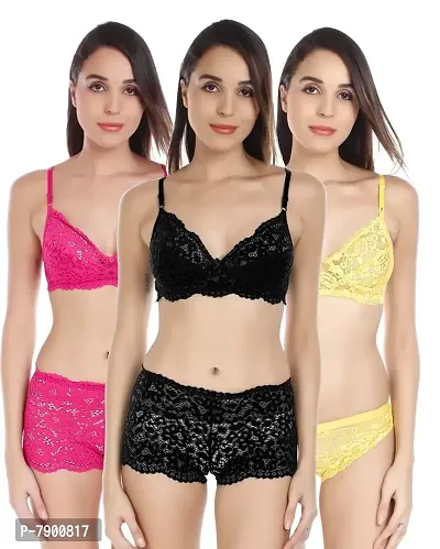 Fashion Comfortz Women Bra Panty Lingeries Set Regular Solid (B07ZJPQBBV_NIKKARRSet_Pink::Black::Yellow_30)
