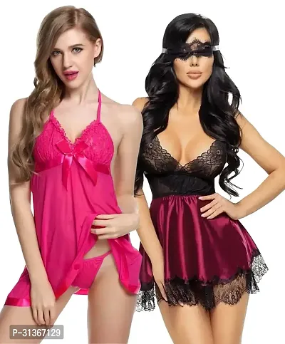 Women Pink,Maroon Designed Babydoll Sexy Lingerie Set Honeymoon Nighty Anniversary Night Dress-thumb0