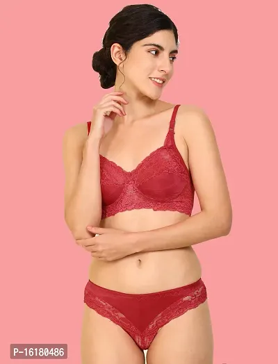 Stylish Red Cotton Self Pattern Bra And Panty Set For Women-thumb0