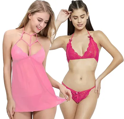 Stylish Pink Net Lace Baby Dolls For Women