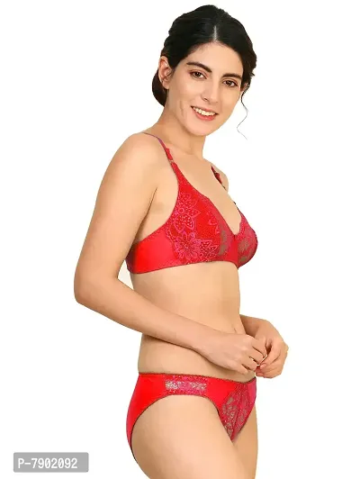 Fashion Comfortz Women Net Bra Panty Set for Lingerie Set ( Pack of 2 ) ( Color : Red,Blue ) ( Pattern : Floral Print ) ( Size : 30 ) ( SKU : Set Hira_Red,Blue )-thumb2