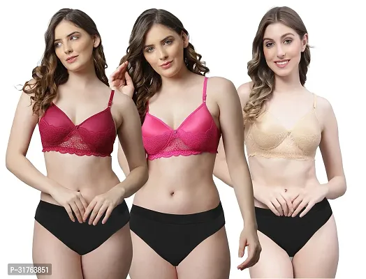 Stylish Women Maroon, Pink, Gold Cotton Bra Panty Set - Pack of 3-thumb0