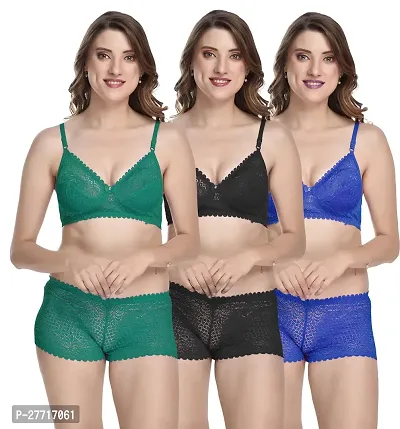 Women Net Bra Panty Set for Lingerie Set Pack of 3  Color : Green,Black,Blue-thumb0