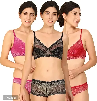 PIBU-Women's Net Bra Panty Set for Women Lingerie Set Sexy Honeymoon Undergarments ( Color : Pink,Black,Red )( Pack of 3 )( Size :32) Model No : Net SSet