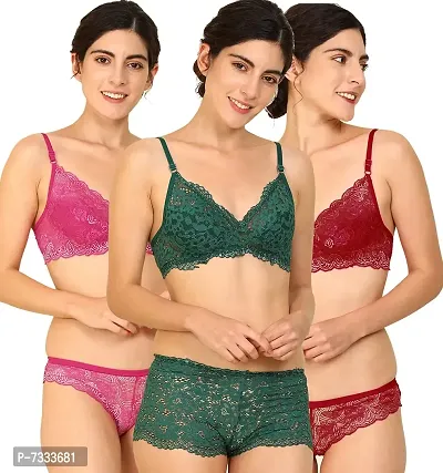 PIBU-Women's Net Bra Panty Set for Women Lingerie Set Sexy Honeymoon Undergarments ( Color : Pink,Green,Maroon )( Pack of 3 )( Size :30) Model No : Net SSet