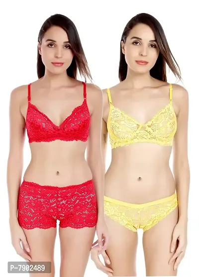 Fashion Comfortz Women Bra Panty Lingeries Set Regular Solid (B081LB5MCQ_Red,Yellow_32)
