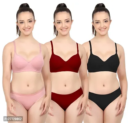 Women Cotton Bra Panty Set for Lingerie Set Pack of 3  Color : Pink,Maroon,Black-thumb0