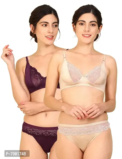 Buy Fashion Comfortz Women Net Bra Panty Set For Lingerie Set ( Pack Of 2 )  ( Color : Maroon,brown ) ( Pattern : Floral Print ) ( Size : 32 ) ( Sku :  Set Cate_maroon,brown ) Online In India At Discounted Prices