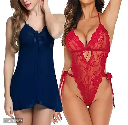 Women Blue,Red Designed Babydoll Sexy Lingerie Set Honeymoon Nighty Anniversary Night Dress