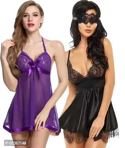 Women Purple,Black Designed Babydoll Sexy Lingerie Set Honeymoon Nighty Anniversary Night Dress