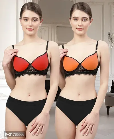 Stylish Women Red, Orange Cotton Bra Panty Set - Pack of 2