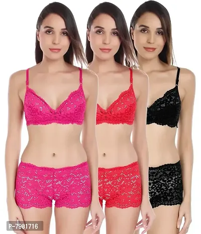 Fashion Comfortz Women Bra Panty Lingeries Set Regular Plain/Solid Fc_NIKKARR Pink::Red::Black_32_NIKKARRSet