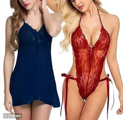 Women Blue,Maroon Designed Babydoll Sexy Lingerie Set Honeymoon Nighty Anniversary Night Dress-thumb0