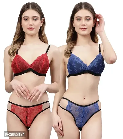 Women Net Bra Panty Set for Lingerie Set ( Pack of 2 ) ( Color : Red,Blue )-thumb0