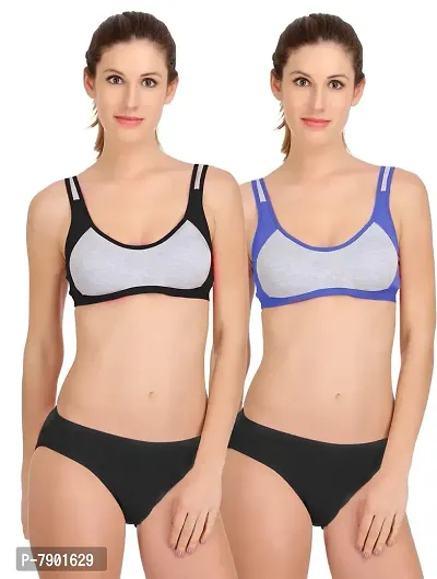 PIBU-Women's Cotton Sports Bra Panty Set for Women Lingerie Set Sexy Honeymoon Undergarments (Color : Black,Blue)(Pack of 2) Model No : SK04-thumb0